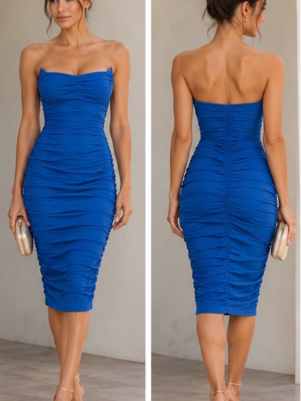 Strapless Ruched Midi Dress in Cobalt Blue